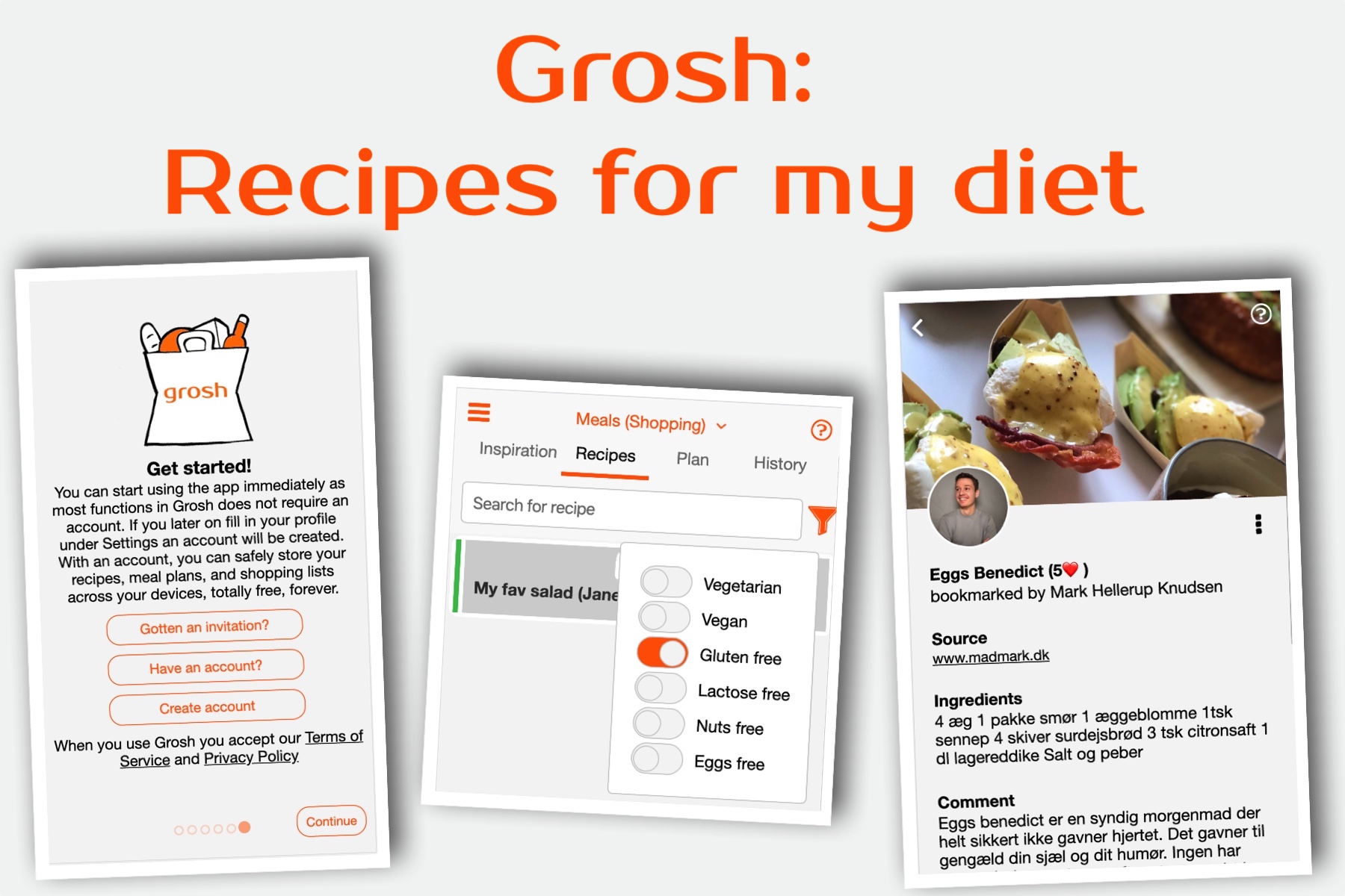 Grocery app Grosh with recipes for my diet